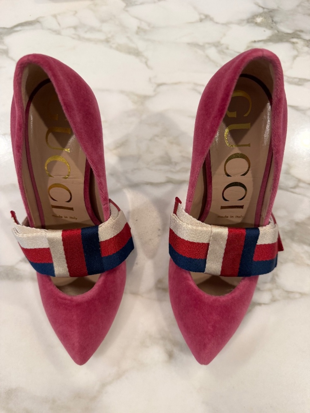 Gucci Pink Velvet Sylvie Pumps w Removable Web Bow